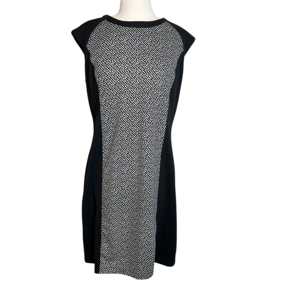 Calvin Klein Black & White Sheath Dress – Cap Sleeves, Leather Trim